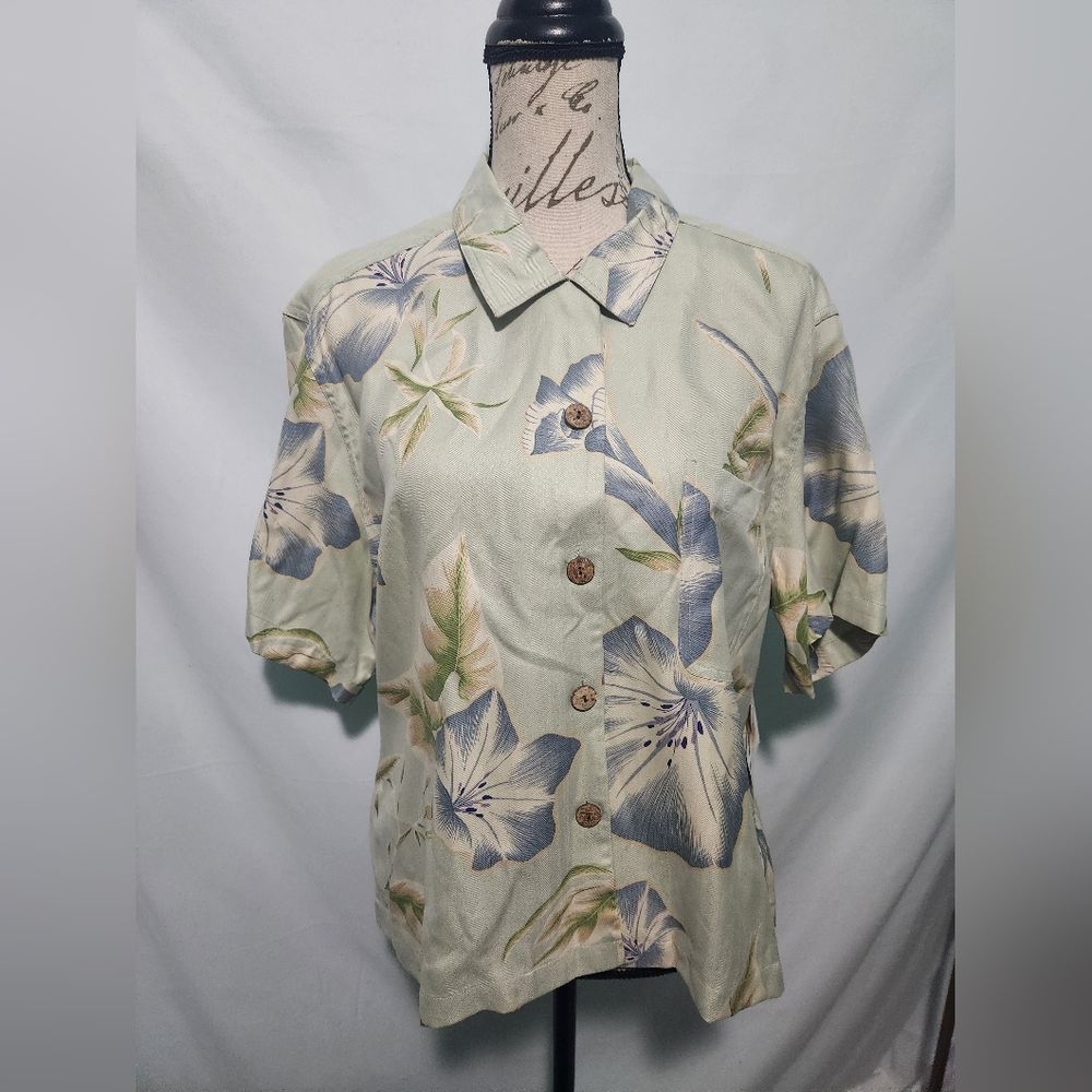 Vintage Kylani Bay Tropical Hawaiian Shirt NWT Floral. Size 14. 100% Silk. Green